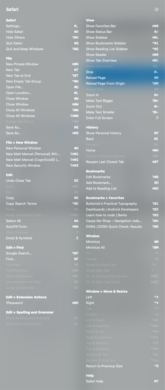 Cribsheet's overlay reading Safari's own menu bar