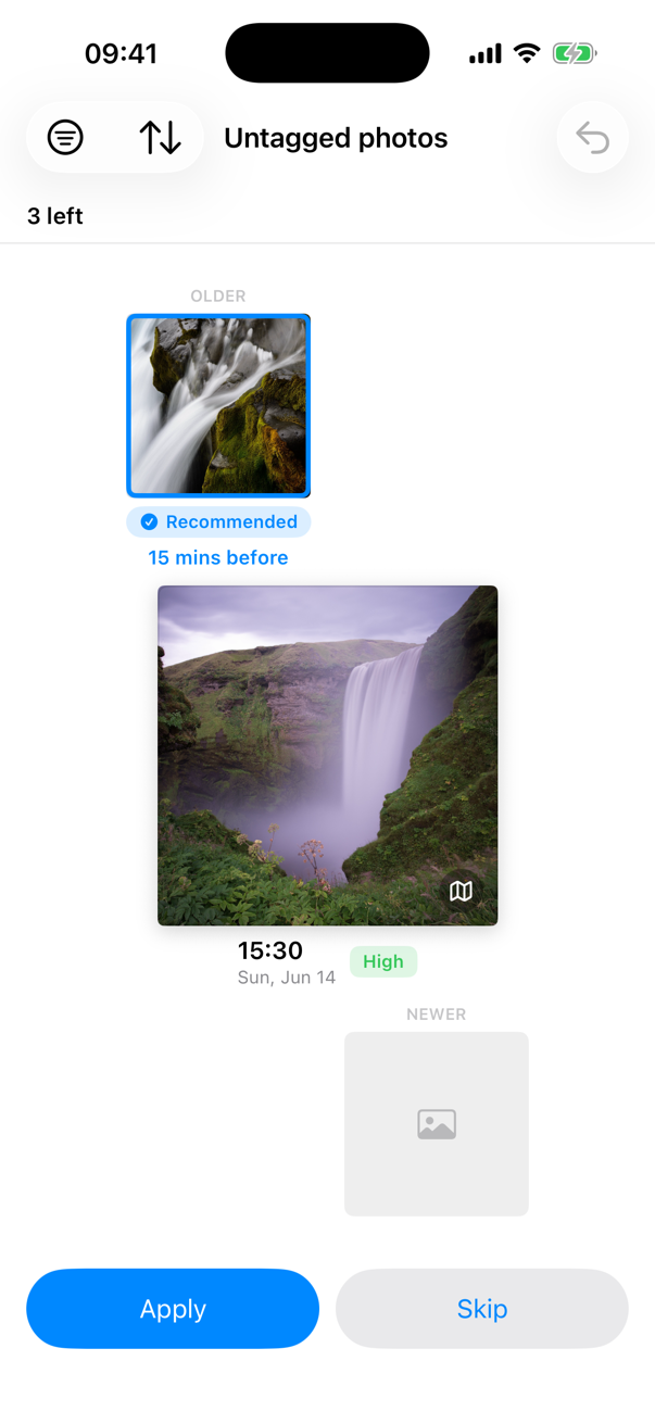 GeoFill's review deck: untagged photo, recommended neighbour, Apply/Skip
