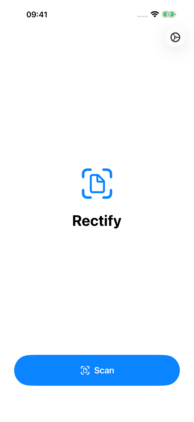 Rectify's main screen: a document-scan logo and a single Scan button