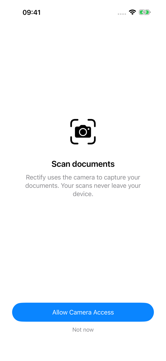 First-run permission screen: "Rectify uses the camera to capture your documents. Your scans never leave your device."