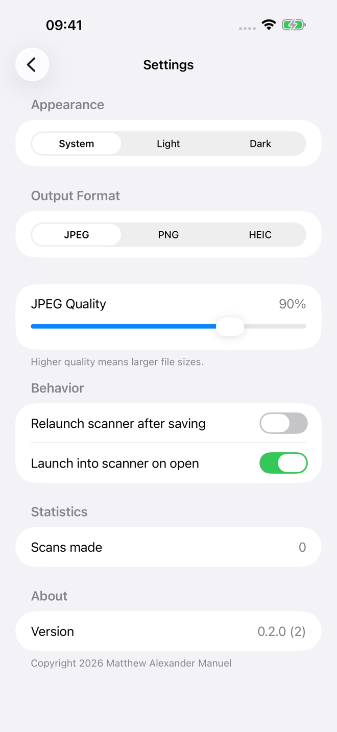 Settings: appearance, output format, JPEG quality slider, and scanner behavior toggles